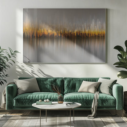An abstract painting of a city skyline at sunset or sunrise, with buildings glowing in shades of gold, orange, and brown. The hazy, gray sky shows faint outlines of taller buildings in the background. The city is reflected in the water below, with the colors stretched into long, vertical streaks that blend into the gray foreground. The entire piece is enclosed in a simple silver frame. Wall Art