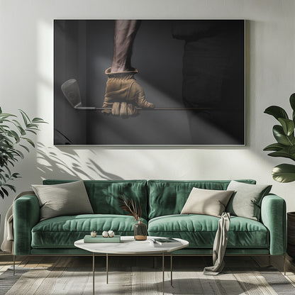 A dramatic close-up of a person's muscular forearm and hand wearing a tan leather glove, holding a golf iron horizontally against a dark background, framed in silver. Wall Art