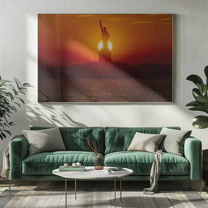 A powerful silhouette of the Statue of Liberty against a fiery orange and red sunset. The sun is perfectly positioned behind the statue's base, creating a brilliant, glowing orb of light. The dark waters in the foreground reflect the vibrant colors of the sky. The photograph is presented within a silver-colored frame. Artwork