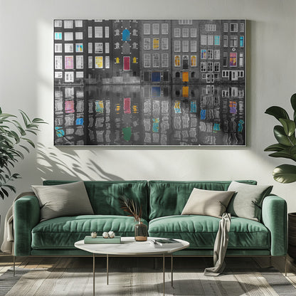 A framed black and white photograph of canal houses in Amsterdam, with selective coloring highlighting windows and doors in vibrant shades of red, blue, yellow, and pink. The colorful architectural details are mirrored in the rippling water of the canal below. Artwork