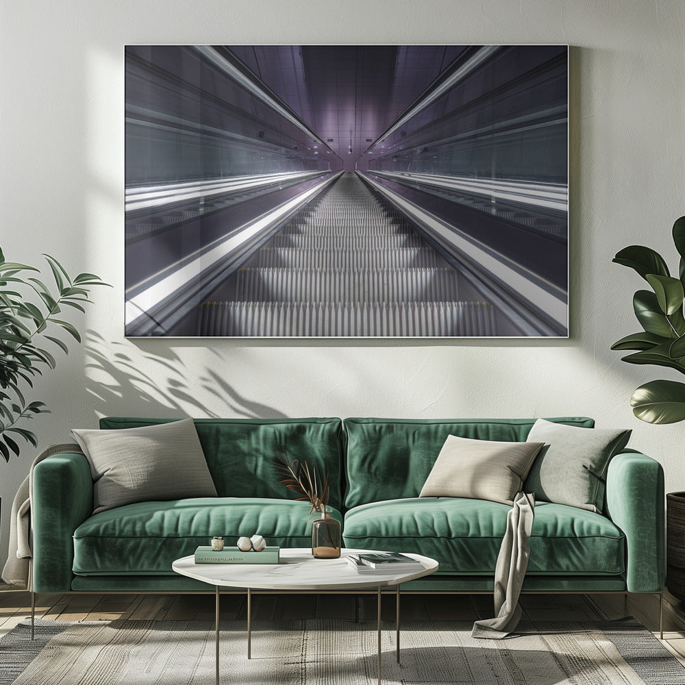 A symmetrical, first-person view looking down a long, empty escalator in a modern subway station, with bright white lights lining the handrails and a purple glow on the ceiling, creating a futuristic and infinite perspective. Wall Art