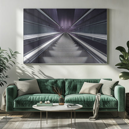 A symmetrical, first-person view looking down a long, empty escalator in a modern subway station, with bright white lights lining the handrails and a purple glow on the ceiling, creating a futuristic and infinite perspective. Wall Art