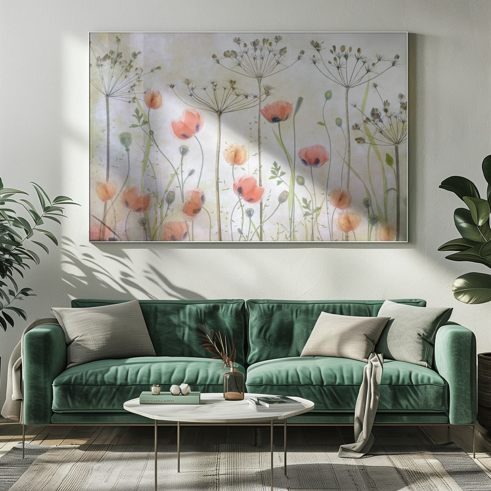 A delicate botanical artwork in a silver frame, featuring translucent orange poppies and the skeletal forms of dried Queen Anne's lace against a soft, textured cream background, creating a dreamy, ethereal meadow scene. Decor