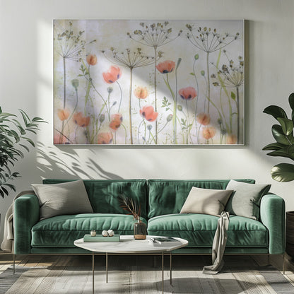 A delicate botanical artwork in a silver frame, featuring translucent orange poppies and the skeletal forms of dried Queen Anne's lace against a soft, textured cream background, creating a dreamy, ethereal meadow scene. Decor