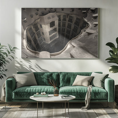 A surreal, high-angle photograph looking down into the distorted, cavernous courtyard of a building. The walls and windows appear to melt and curve inwards towards a dark void, creating a powerful optical illusion. The image has a muted, sepia-toned color palette and is presented in a silver frame. Wall Art