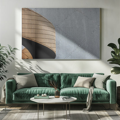 An abstract architectural image with a painterly texture, framed in gray. The composition features a curved wall of vertical brown tiles on the left, casting a sharp black shadow, juxtaposed with a flat surface of gray square tiles arranged in a grid with diagonal lines on the right. Artwork