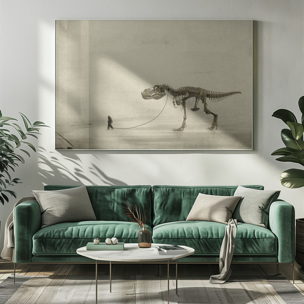 A surreal, sepia-toned artwork depicting a small man in a dark coat walking a massive Tyrannosaurus Rex skeleton on a leash against a minimalist, textured beige background, all within a silver frame. Wall Art