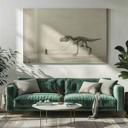 A surreal, sepia-toned artwork depicting a small man in a dark coat walking a massive Tyrannosaurus Rex skeleton on a leash against a minimalist, textured beige background, all within a silver frame. Wall Art