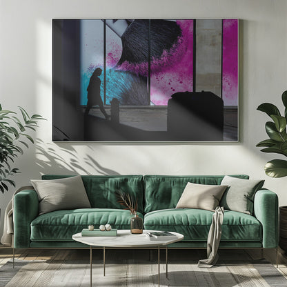 A framed photograph of a street scene where a person's silhouette is captured walking past a large, vibrant window advertisement. The ad features a close-up of a makeup brush with explosions of magenta and cyan powder. The foreground is cast in deep shadow, creating a dramatic contrast. Print