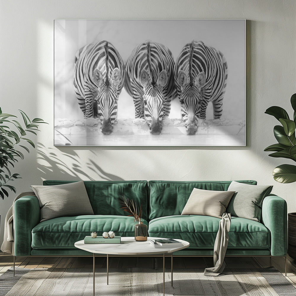 A striking black and white photograph of three zebras standing side by side, their heads lowered in unison to drink from a watering hole. The symmetrical composition highlights the mesmerizing patterns of their stripes against a bright, white background. The image is presented within a silver frame. Print