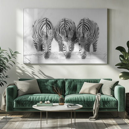 A striking black and white photograph of three zebras standing side by side, their heads lowered in unison to drink from a watering hole. The symmetrical composition highlights the mesmerizing patterns of their stripes against a bright, white background. The image is presented within a silver frame. Print