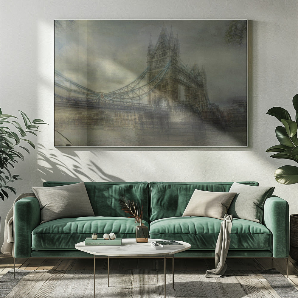 An artistic, hazy depiction of London's Tower Bridge under a cloudy sky. The image has a textured, vintage feel with a muted color palette of greys and beiges, and is set within a simple silver frame. Print