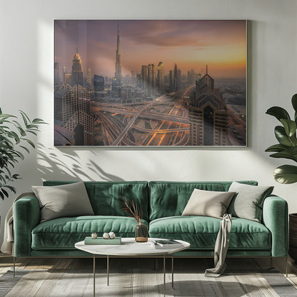 An elevated photograph of the Dubai skyline at sunset, featuring the towering Burj Khalifa against a hazy orange and purple sky. In the foreground, a complex network of illuminated highways and overpasses weaves between modern skyscrapers. Wall Art