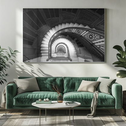 A mesmerizing black and white photograph shot from a high angle looking down into the center of a spiral staircase. The bright white marble steps contrast with the dark, ornate metal railing, creating a repeating arched pattern that draws the eye downward into a seemingly endless tunnel. The image is presented within a silver-colored frame. Artwork