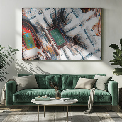A dizzying top-down aerial view of a dense city, where stark white skyscrapers tower over two vibrant basketball courts, one green and the other multicolored. The abstract, high-contrast style highlights the geometric patterns of urban life, all enclosed within a silver frame. Poster