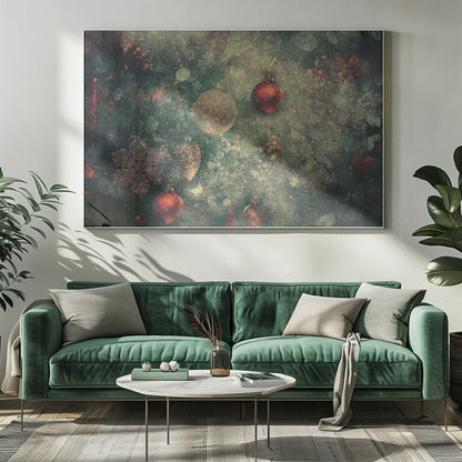 A vintage-style, textured image of Christmas ornaments on a tree, including red and gold baubles and a snowflake. The artwork has a grunge, distressed feel with soft bokeh lights and is presented in a silver frame. Poster