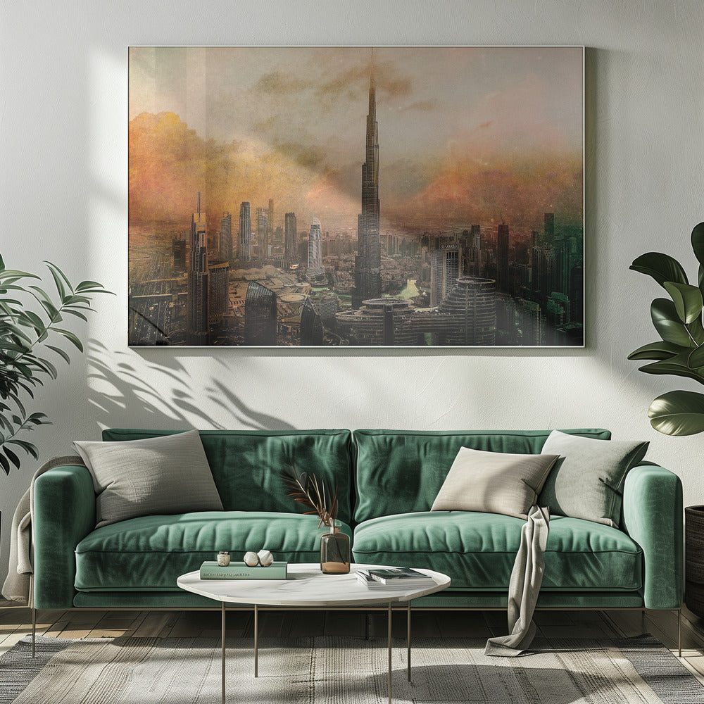 An artistic, textured depiction of the Dubai skyline, with the Burj Khalifa towering over the cityscape against a hazy, orange and yellow sky. Wall Art