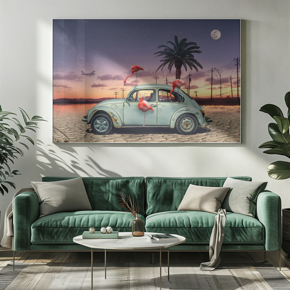 A surreal digital art piece featuring a vintage light blue Volkswagen Beetle abandoned on a cracked desert floor. Three vibrant pink flamingos are interacting with the car, which has shattered windows. The background shows a dramatic transition from an orange sunset over water to a deep purple, star-filled night sky with a large full moon and a distant airplane. Decor