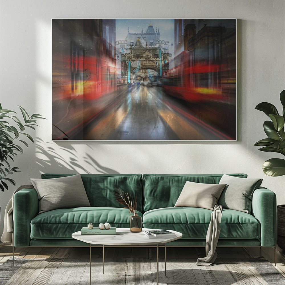 An abstract, motion-blurred digital art piece depicting a view of London's Tower Bridge down a wet street, framed by the red streaks of passing double-decker buses, creating a dynamic and rainy city atmosphere, all enclosed in a silver frame. Poster