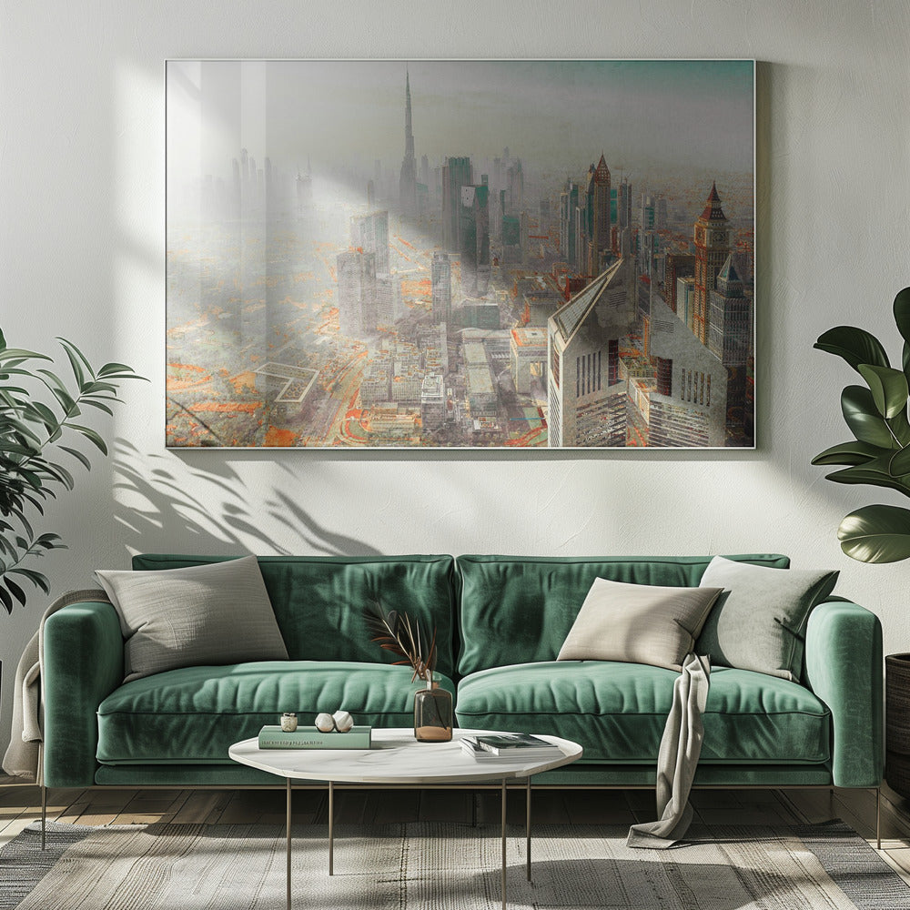 A framed piece of art showing a hazy, high-angle view of the Dubai skyline, with the Burj Khalifa towering in the background. The cityscape is rendered in muted tones of grey and teal, with striking orange accents on the ground, creating a surreal, artistic effect. Print