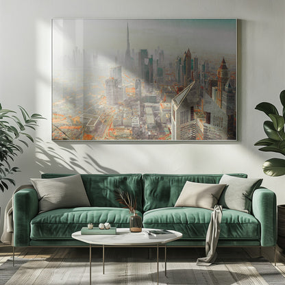 A framed piece of art showing a hazy, high-angle view of the Dubai skyline, with the Burj Khalifa towering in the background. The cityscape is rendered in muted tones of grey and teal, with striking orange accents on the ground, creating a surreal, artistic effect. Print
