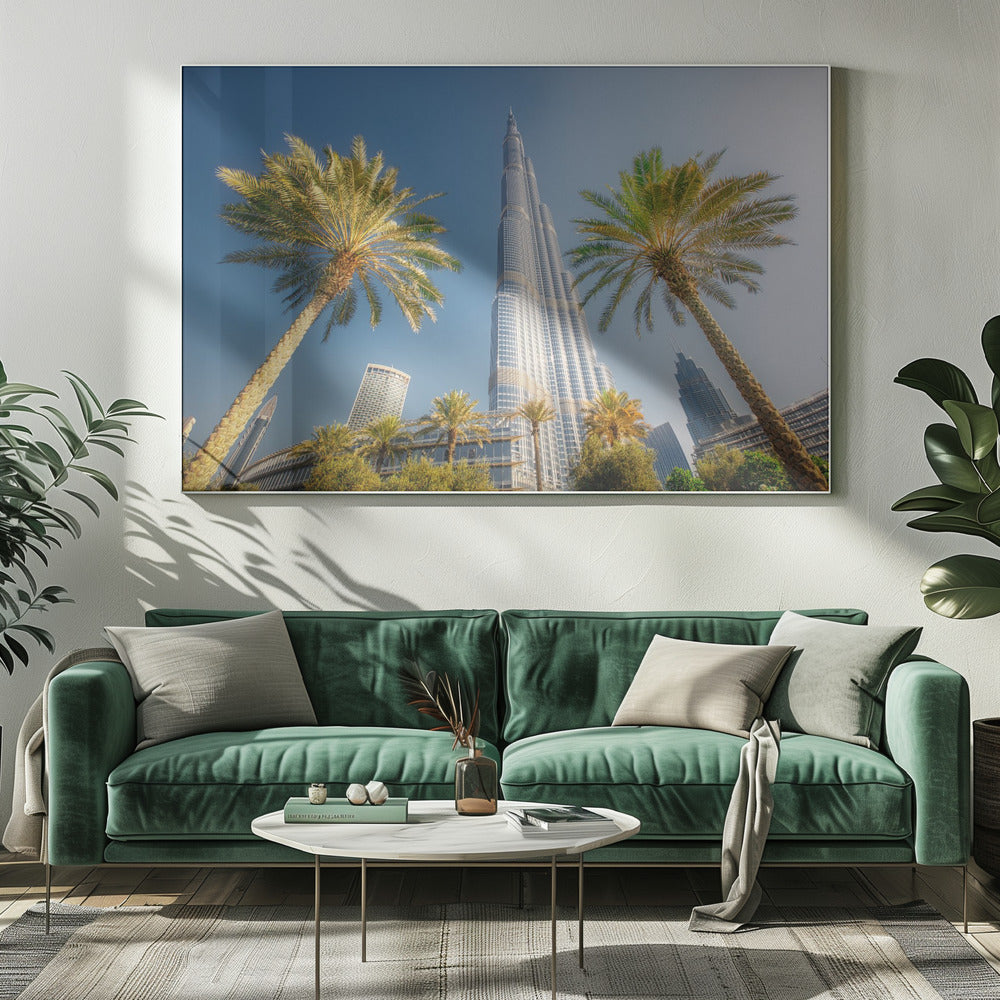 A low-angle photograph looking up at the towering Burj Khalifa skyscraper in Dubai, framed by two large palm trees against a clear, vibrant blue sky. Wall Art