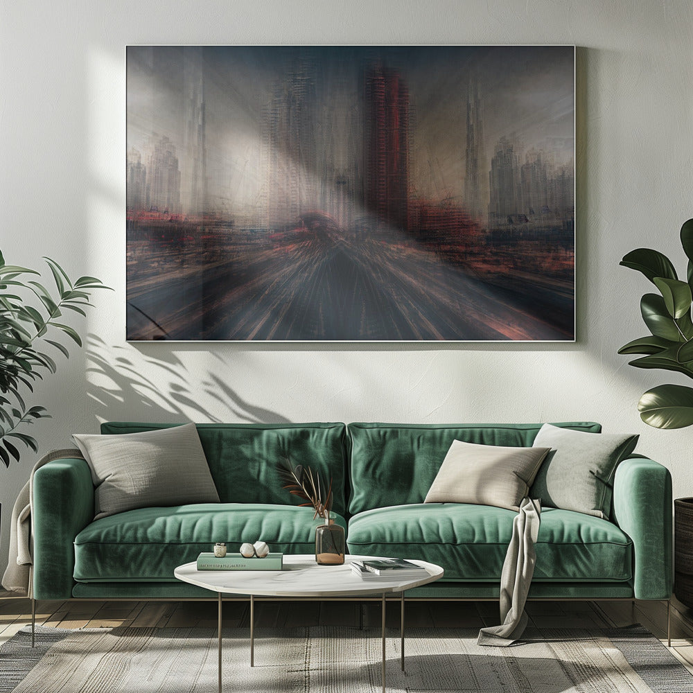 An abstract, moody cityscape artwork in a silver frame. The perspective is from a low angle looking down dark, blurred tracks towards a horizon of towering, distorted skyscrapers under a dark, hazy sky. The color scheme is dominated by dark grays, blacks, and pops of intense red, creating a sense of rapid motion and a dystopian, futuristic atmosphere. Artwork