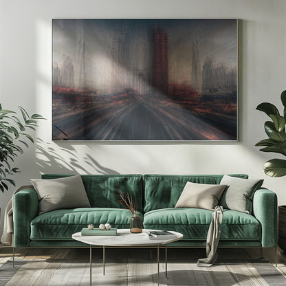 An abstract, moody cityscape artwork in a silver frame. The perspective is from a low angle looking down dark, blurred tracks towards a horizon of towering, distorted skyscrapers under a dark, hazy sky. The color scheme is dominated by dark grays, blacks, and pops of intense red, creating a sense of rapid motion and a dystopian, futuristic atmosphere. Artwork