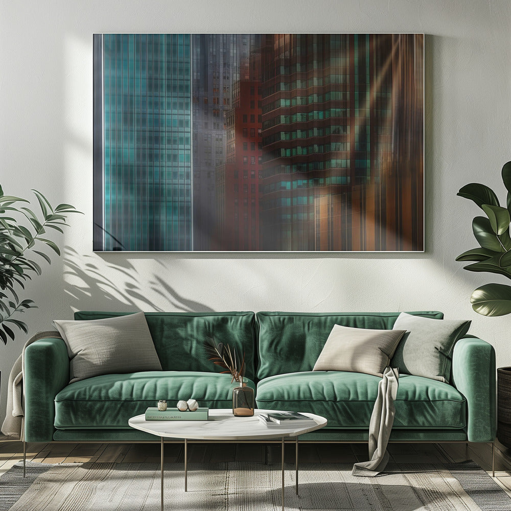 An abstract cityscape artwork in a silver frame, featuring a teal glass skyscraper on the left transitioning to red and brown buildings on the right with a strong vertical motion blur effect, creating a dynamic sense of movement. Decor