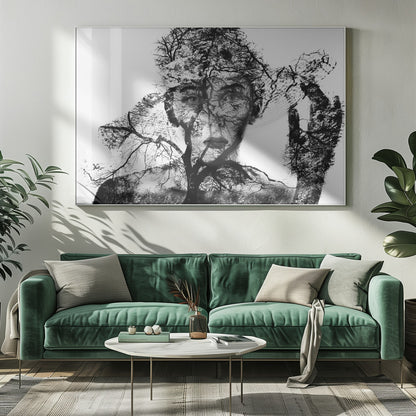 A surreal black and white double exposure artwork in a silver frame. The image combines a close-up portrait of a person's face with the intricate silhouette of bare, branching trees against a white background, creating a complex and thought-provoking visual. Poster
