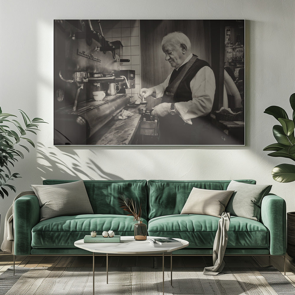 A sepia-toned, framed photograph of an elderly barista with white hair, wearing a vest, as he skillfully prepares an espresso. He is focused on his task, tamping the coffee grounds with a gentle smile, standing next to a large, vintage-style espresso machine in a cozy cafe setting. Print