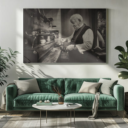 A sepia-toned, framed photograph of an elderly barista with white hair, wearing a vest, as he skillfully prepares an espresso. He is focused on his task, tamping the coffee grounds with a gentle smile, standing next to a large, vintage-style espresso machine in a cozy cafe setting. Print