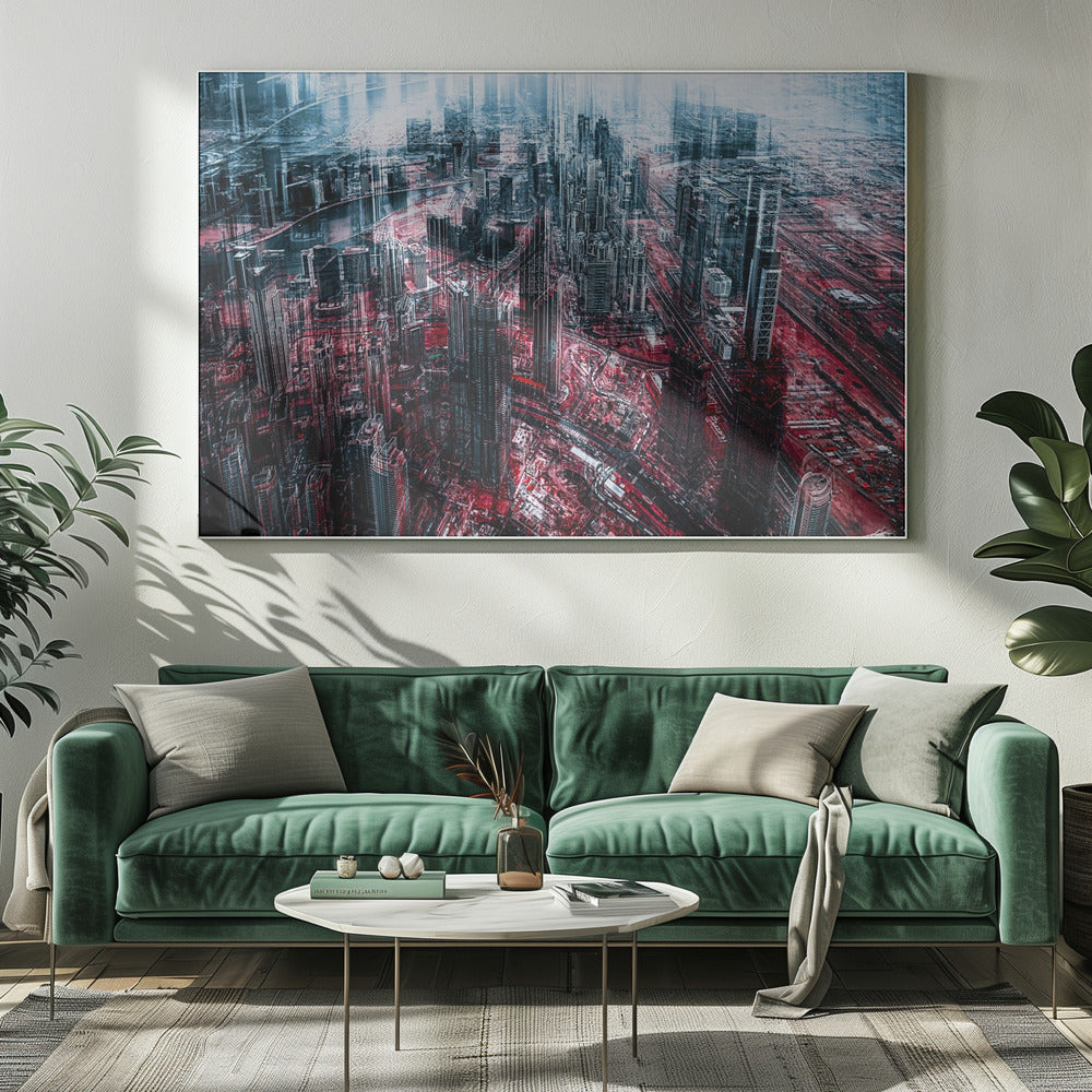 An abstract, digitally manipulated aerial photograph of a dense, futuristic cityscape. The image features towering skyscrapers in cool blue and dark gray tones, while the streets and ground below are saturated in a vibrant, contrasting red. The artwork has a glitchy, multi-exposure effect, creating a sense of dynamic chaos, and is enclosed in a silver frame. Artwork