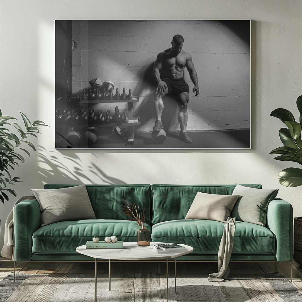 A dramatic black and white photograph of a shirtless, muscular bodybuilder posing in a gym. He leans against a cinder block wall with one foot propped on a medicine ball, his chiseled physique and defined muscles highlighted by intense lighting. Racks of kettlebells are visible in the background. Wall Art