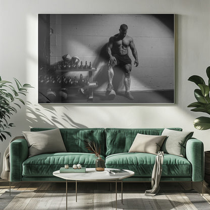 A dramatic black and white photograph of a shirtless, muscular bodybuilder posing in a gym. He leans against a cinder block wall with one foot propped on a medicine ball, his chiseled physique and defined muscles highlighted by intense lighting. Racks of kettlebells are visible in the background. Wall Art