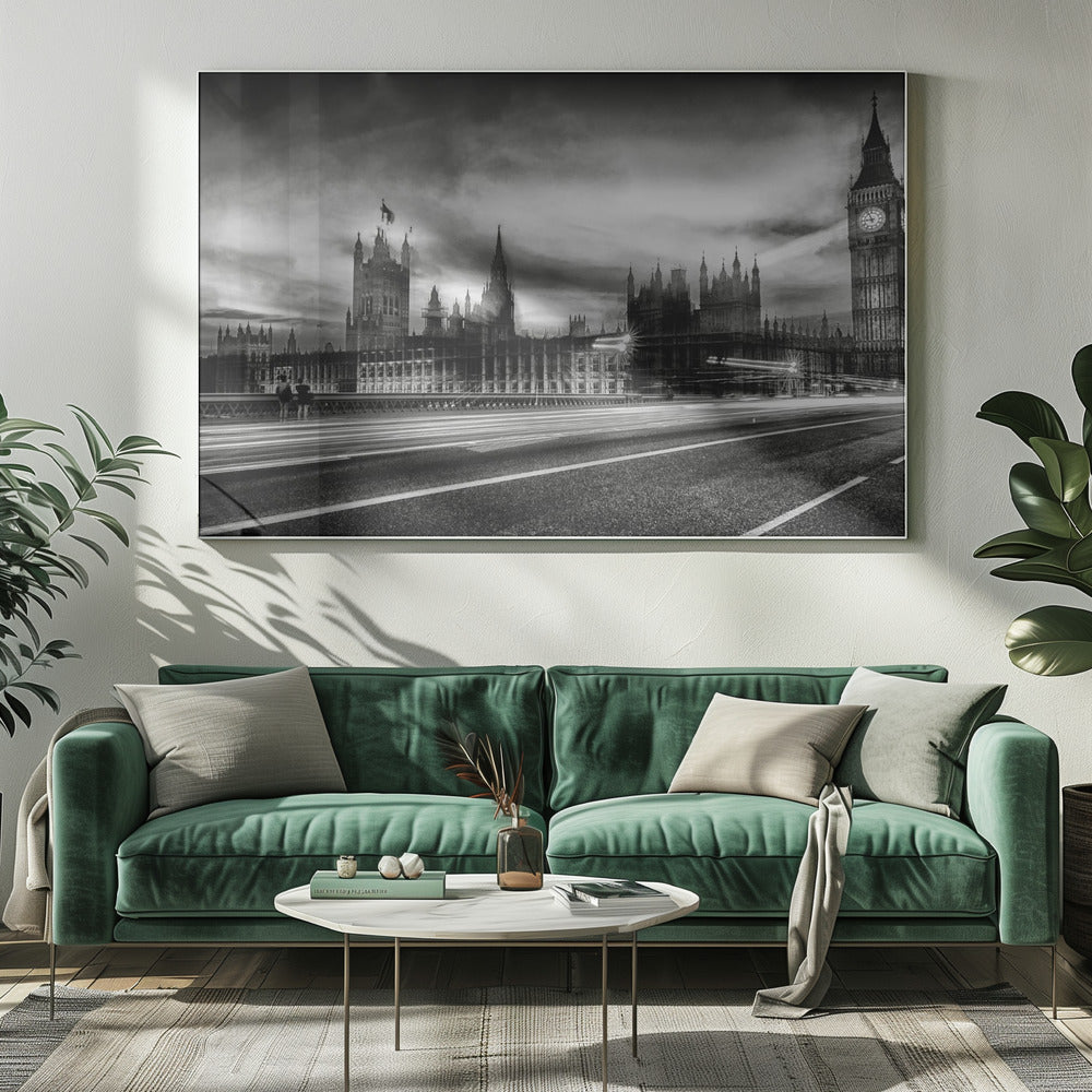 A framed, black and white long-exposure photograph of the Houses of Parliament and Big Ben in London. The view is from a bridge, with streaks of white light from traffic blurring across the road in the foreground under a dramatic, cloudy sky. Wall Art