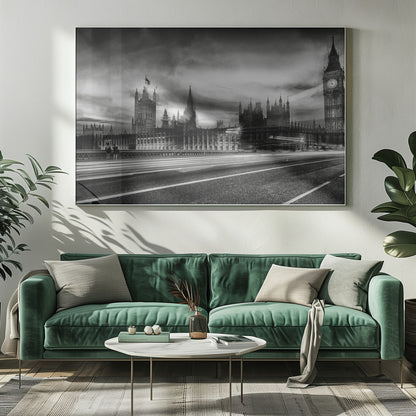 A framed, black and white long-exposure photograph of the Houses of Parliament and Big Ben in London. The view is from a bridge, with streaks of white light from traffic blurring across the road in the foreground under a dramatic, cloudy sky. Wall Art