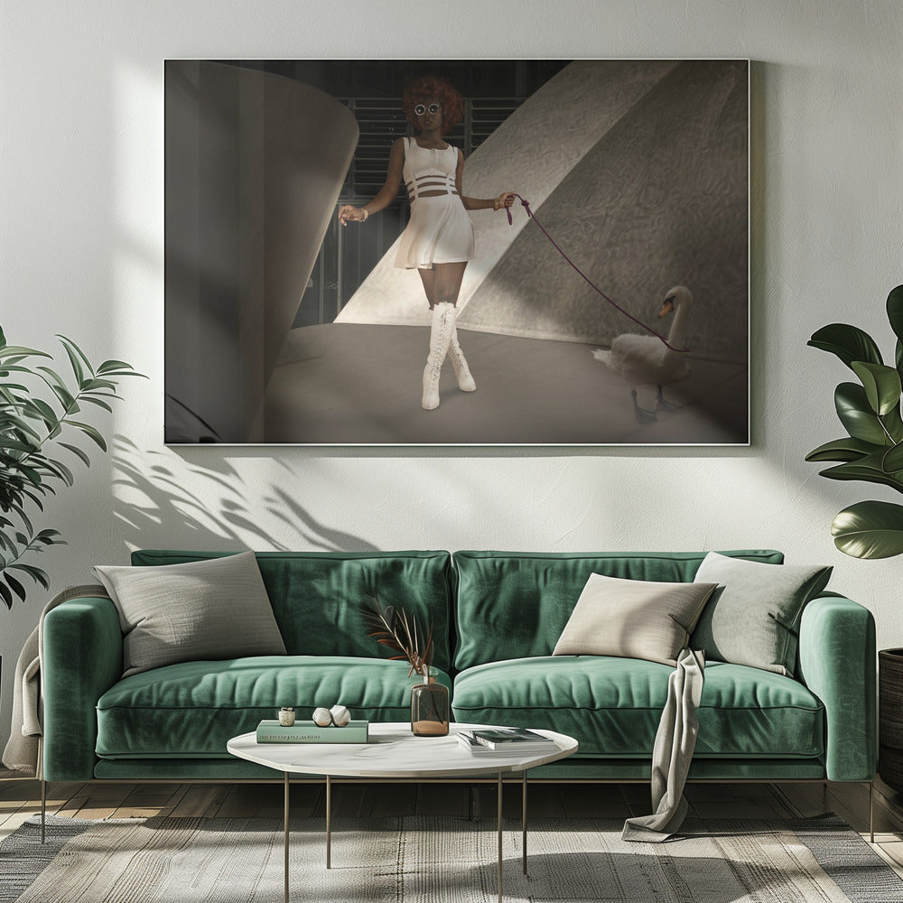A stylish Black woman with a red afro, wearing a white cut-out dress, round sunglasses, and white knee-high boots, holds a purple leash attached to a white swan as they walk through a modern architectural setting with dramatic lighting. Wall Art