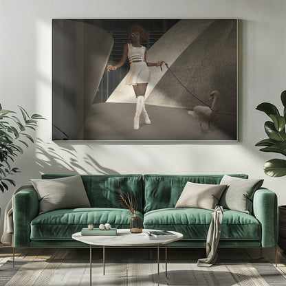 A stylish Black woman with a red afro, wearing a white cut-out dress, round sunglasses, and white knee-high boots, holds a purple leash attached to a white swan as they walk through a modern architectural setting with dramatic lighting. Wall Art