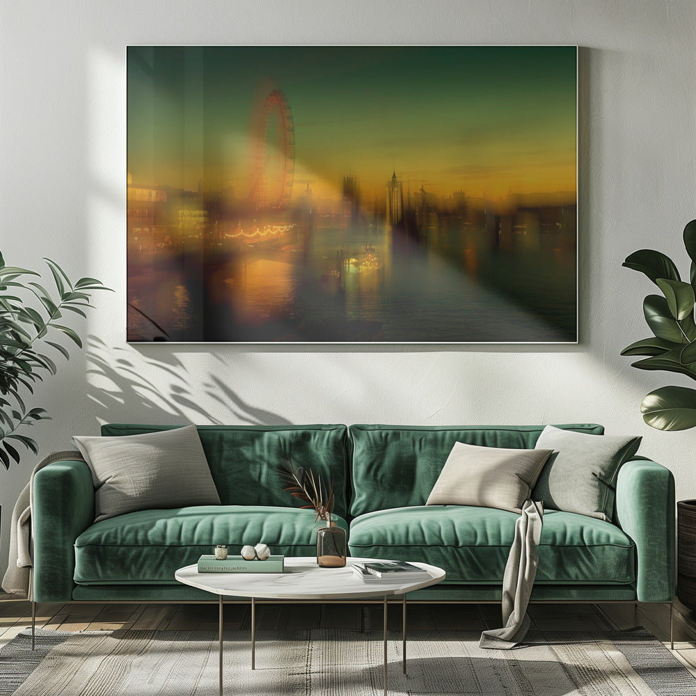 A dreamlike, blurred photograph of the London skyline at dusk, with the glowing orange London Eye on the left and the hazy silhouette of the Houses of Parliament across the River Thames. The sky shifts from a deep green to a warm golden yellow, and the city's lights cast shimmering reflections on the water. Decor