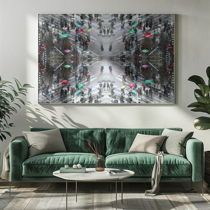 A symmetrical, kaleidoscopic abstract artwork created from an aerial view of a rainy city intersection. The mostly black and white image features pops of vibrant color from numerous umbrellas held by pedestrians crossing the street, all framed in a textured silver border. Artwork