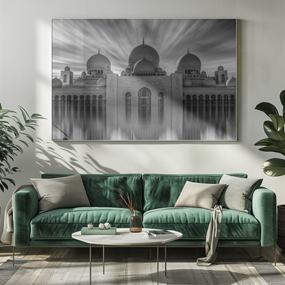 A stunning black and white long-exposure photograph of a grand mosque with multiple domes, reflected perfectly in calm water. The sky above is dramatic, with clouds streaking outwards, and the image is presented in a silver frame. Decor