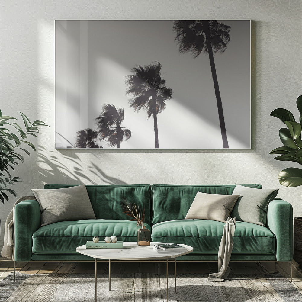 A framed black and white photograph of four silhouetted palm trees of increasing height, arranged diagonally against a plain, light grey sky. The palm fronds are blurred, suggesting they are blowing in the wind. Decor