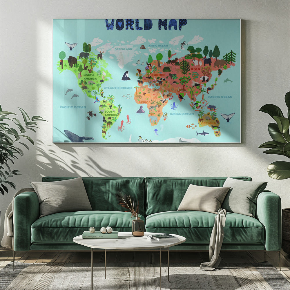 A colorful, illustrated world map for children, featuring continents populated with their native animals and plants. The map is set against a light blue ocean background with the title 'WORLD MAP' at the top in a playful blue font, all enclosed in a silver frame. Artwork