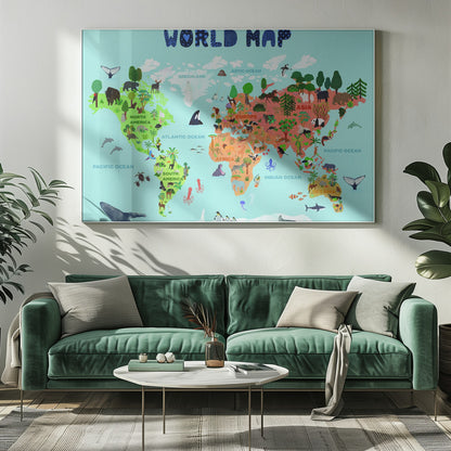 A colorful, illustrated world map for children, featuring continents populated with their native animals and plants. The map is set against a light blue ocean background with the title 'WORLD MAP' at the top in a playful blue font, all enclosed in a silver frame. Artwork