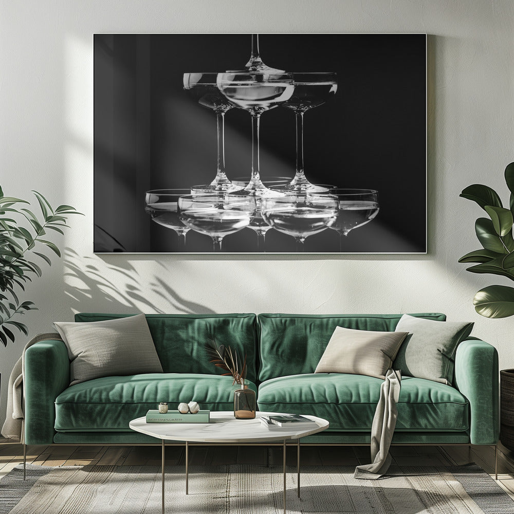 A black and white photograph of a champagne tower made of coupe glasses stacked in a pyramid shape against a solid black background, all within a silver frame. Print