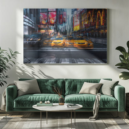A dynamic multiple-exposure photograph of Times Square in New York City, featuring a line of iconic yellow taxi cabs on a crosswalk. The background is a blur of towering skyscrapers and vibrant, glowing billboards for brands like Coca-Cola and McDonald's, creating a sense of bustling city life and movement. Poster