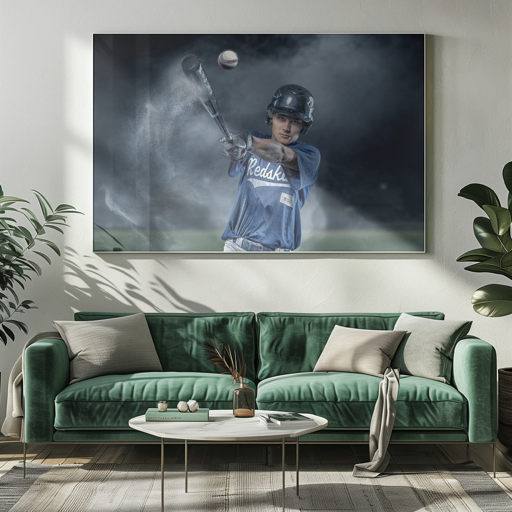 A dramatic, framed portrait of a young baseball player in a blue jersey and helmet, captured in the moment of hitting a baseball, with a cloud of dust exploding from the bat against a dark, smoky background. Poster
