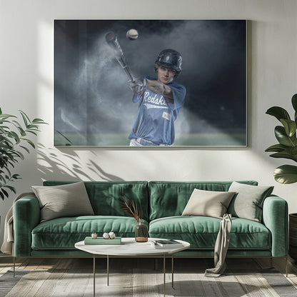 A dramatic, framed portrait of a young baseball player in a blue jersey and helmet, captured in the moment of hitting a baseball, with a cloud of dust exploding from the bat against a dark, smoky background. Poster