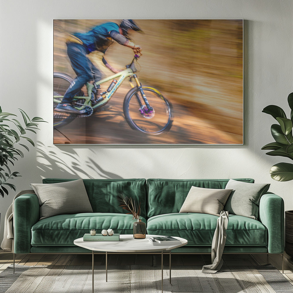 An action shot of a mountain biker in full gear speeding down a dirt trail, captured with a motion blur effect that streaks the brown and green background, conveying a sense of intense speed. Poster